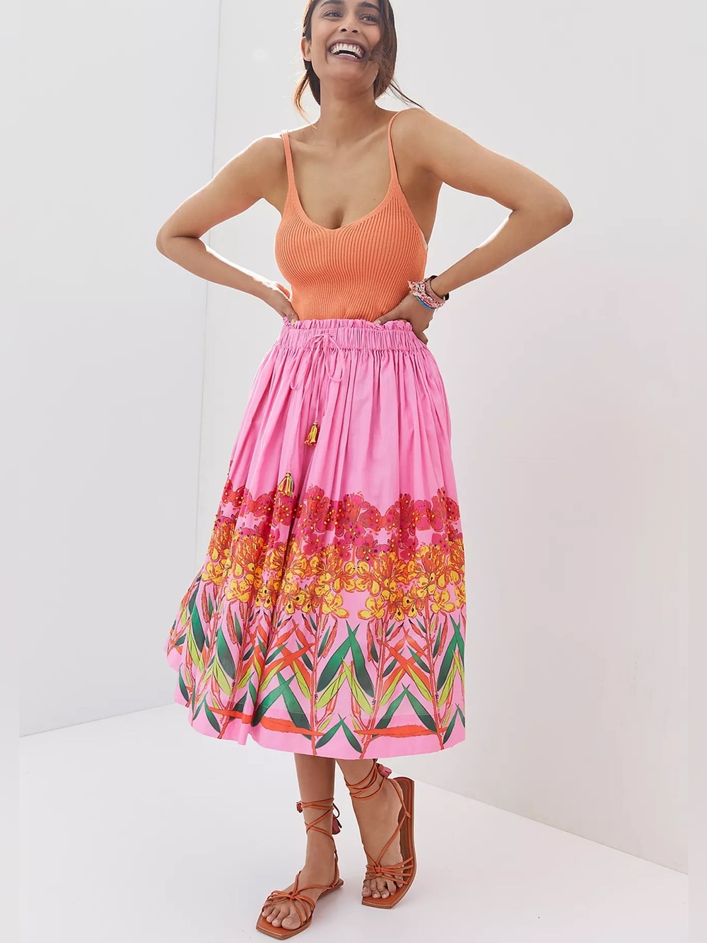 Anthropologie Roopa Pemmaraju Floral Pink Beaded Midi Skirt Size Medium